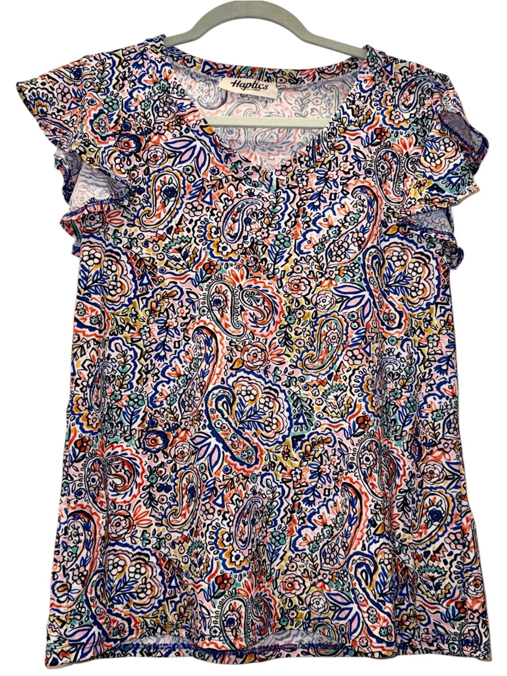 Multi Colored Paisley Printed VNECK Ruffle Sleeve Blouse *Business Casual* SMALL